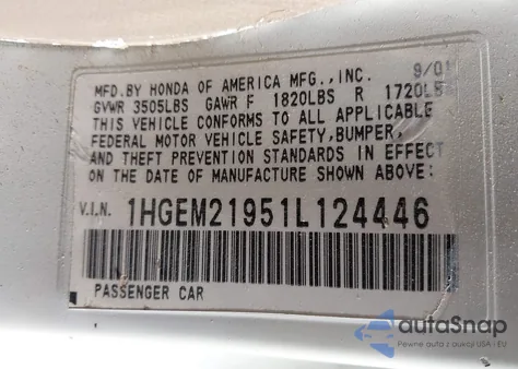 2001 Honda Civic Ex из США, поврежденный, VIN 1HGEM21951L124446